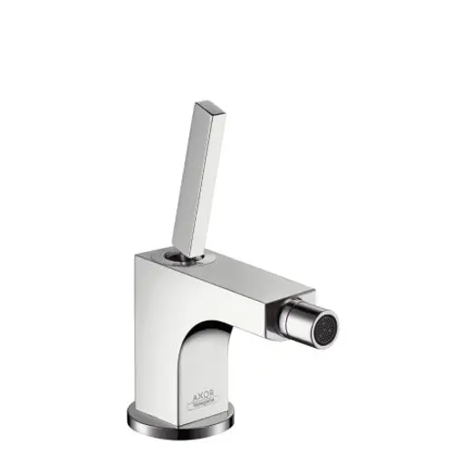 Bidetmischer aus verchromtem Material mit einem einzelnen Hebel und seitlichem Auslauf, präsentiert von der Marke AXOR. Klar strukturiertes Design ohne weitere Verzierungen.